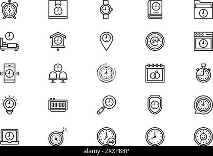Die Sammlung der Symbole für Uhrzeit und Datum ist eine Vektorillustration mit bearbeitbarer Kontur. Stock Vektor