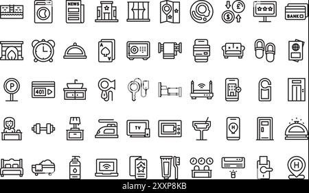 Die Sammlung der Hotelsymbole ist eine Vektorillustration mit bearbeitbarem Kontur. Stock Vektor