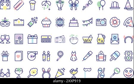 Party- und Feier-Icons-Kollektion ist eine Vektor-Illustration mit bearbeitbarem Strich. Stock Vektor