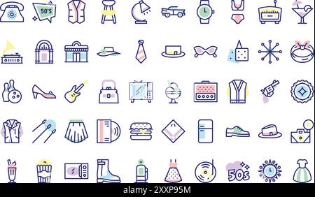 Die Sammlung der Symbole der 50er Jahre ist eine Vektorillustration mit bearbeitbarer Kontur. Stock Vektor