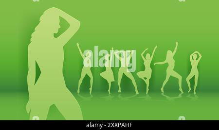 Tanzende Silhouetten grüner Hintergrund Papierschnitt Stil. Gruppe tanzender Figuren in verschiedenen Posen vor grünem Hintergrund. Website-Design Stock Vektor