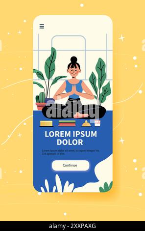 Frau, die in Yoga-Pose meditiert, umgeben von Pflanzen und Büchern auf einem bunten Hintergrund mit Sternen und abstrakten Formen, mobile App Screen Design Stock Vektor