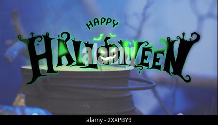 Bild von Happy halloween Text mit grünem Rauch auf blauem Hintergrund Stockfoto