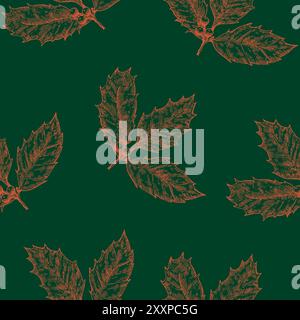 Nahtloses Weihnachtsmuster mit stechpalmenblättern. Monochrome Vektorillustration im Stich-Stil. Stock Vektor