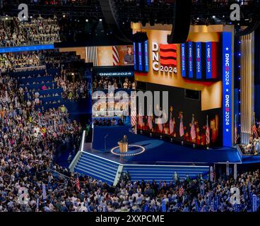 CHICAGO, Illinois – 22. August 2024: Kamala Harris, Kandidat der demokratischen Präsidentschaftskandidatin, spricht über die Demokratische Nationalversammlung 2024 im United Center. Stockfoto