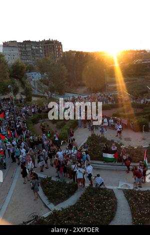 Madrid, Spanien. August 2024. Madrid, Königreich Spanien; 25.08.2024.- Sie fordern zur Unterstützung Palästinas eine Flaggenausstellung auf der Toledo-Brücke in Madrid. Vermerk: Juan Carlos Rojas/dpa/Alamy Live News Stockfoto