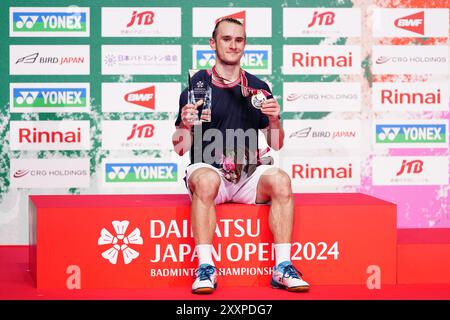 Kanagawa, Japan. August 2024. Alex Lanier (FRA) Badminton : Daihatsu Japan Open 2024 Siegerehrung für Männer in der Yokohama Arena in Kanagawa, Japan . Quelle: AFLO/Alamy Live News Stockfoto