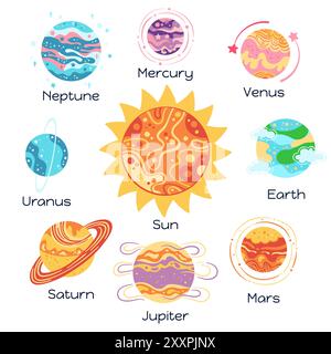 Sonnensystemplaneten mit Namen für Kinder. Abstrakte astronomische Galaxienplaneten Comic Cosmos. Weltraumkugeln Planeten Kunst Erde Venus Mercury Neptun, Mars, Jupiter und Sonnenvektor Illustration Stock Vektor