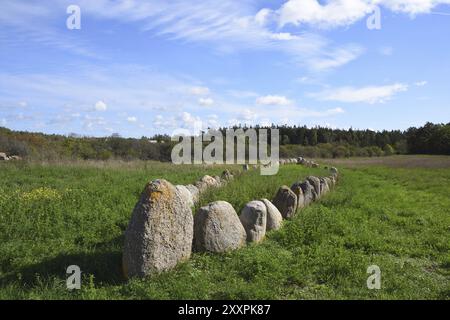 Das größte der Steinschiffe in Gnisvard. Die Schiffsgründungen in Gnisvaerd auf Gotland Stockfoto