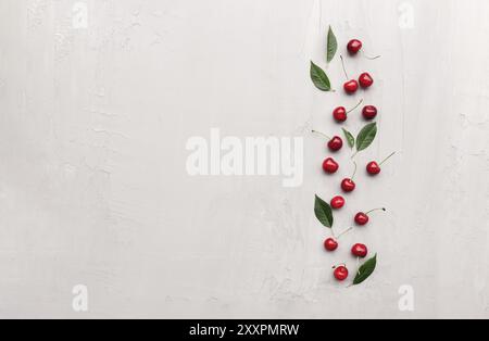 Flache Lay Draufsicht auf grauem Betonhintergrund mit süßen Kirschbeeren und Eiswürfeln. Frische, Sommer konzeptueller minimaler Hintergrund. Öko, Bio-Farm Stockfoto