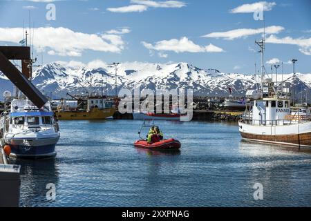 HUSAVIK, ISLAND, 29. JUNI: Touristen, die von einer Walbeobachtungstour auf einem Tierkreislauf in den ruhigen Hafen mit angelegtem Fischerboot und Bergen i zurückkommen Stockfoto