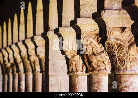 Columnas y capiteles, claustro del siglo XII, monasterio benedictino de Sant Miquel de Cuixa, ano 879, pirineos orientales, Francia, Europa Stockfoto