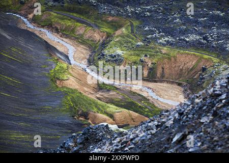 Fluss in einem Tal bei Landmannalaugar, Island, Europa Stockfoto