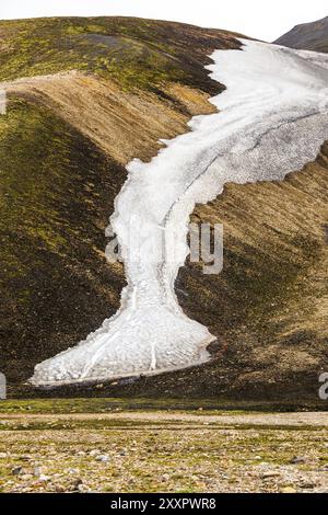 Weiße schmale Schneelinie auf einem Berghang in Landmannalaugar, Island, Europa Stockfoto