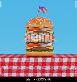 Cartoon Premium Delicious Burger Ikone mit USA Zahnstocher Flagge und roter karierter Tischdecke auf blauem Hintergrund. 3D-Rendering Stockfoto