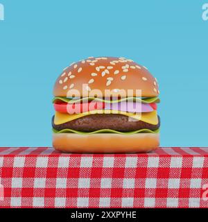 Cartoon Premium Delicious Burger Symbol auf einem Tisch mit roter karierter Tischdecke auf blauem Hintergrund. 3D-Rendering Stockfoto