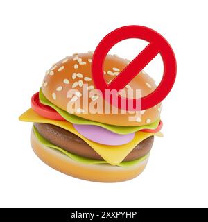 Cartoon Premium Delicious Burger Icon mit Verbotsschild auf weißem Hintergrund. 3D-Rendering Stockfoto