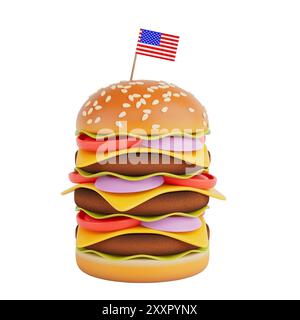 Cartoon Premium Delicious Burger Icon mit USA Toothpick Flagge auf weißem Hintergrund. 3D-Rendering Stockfoto