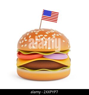 Cartoon Premium Delicious Burger Icon mit USA Toothpick Flagge auf weißem Hintergrund. 3D-Rendering Stockfoto