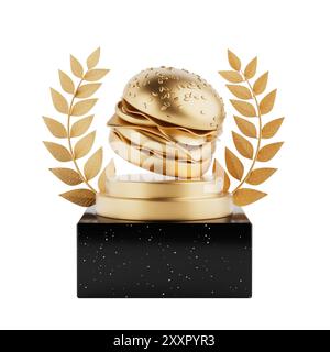 Gewinner Award Cube Gold Laurel Wreath Podium, Bühne oder Sockel mit Golden Cartoon Premium Delicious Burger Icon auf weißem Hintergrund. 3D-Rendering Stockfoto