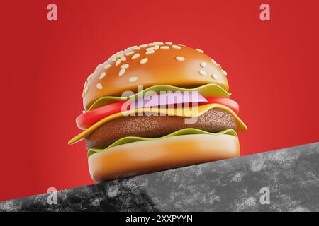 Cartoon Premium Delicious Burger Symbol auf rotem Hintergrund. 3D-Rendering Stockfoto
