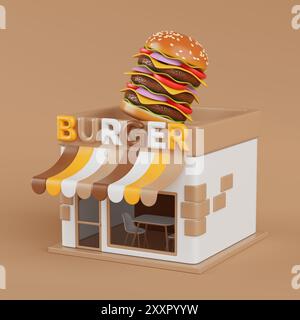 Cartoon Burger Shop Fast Food Building Symbol auf gelbem Hintergrund. 3D-Rendering Stockfoto