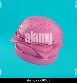 Pink Cartoon Premium Delicious Burger Icon im monochromen Duotone Clay Style auf blauem Hintergrund. 3D-Rendering Stockfoto