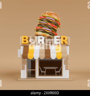 Cartoon Burger Shop Fast Food Building Symbol auf gelbem Hintergrund. 3D-Rendering Stockfoto
