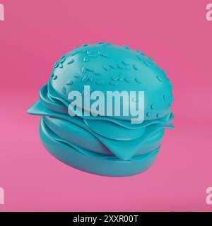 Blue Cartoon Premium Delicious Burger Icon im monochromen Duotone Clay Style auf rosa Hintergrund. 3D-Rendering Stockfoto