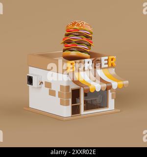 Cartoon Burger Shop Fast Food Building Symbol auf gelbem Hintergrund. 3D-Rendering Stockfoto
