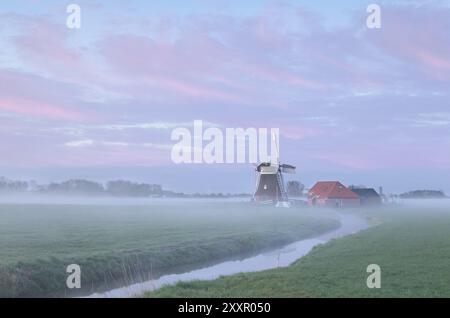 Holländische Windmühle im dichten Morgennebel, Holland Stockfoto