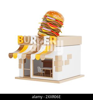 Cartoon Burger Shop Fast Food Building Symbol auf weißem Hintergrund. 3D-Rendering Stockfoto