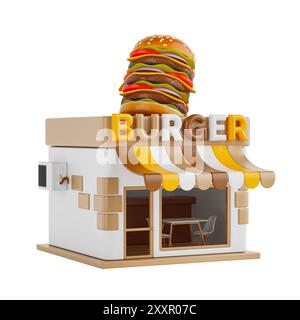 Cartoon Burger Shop Fast Food Building Symbol auf weißem Hintergrund. 3D-Rendering Stockfoto