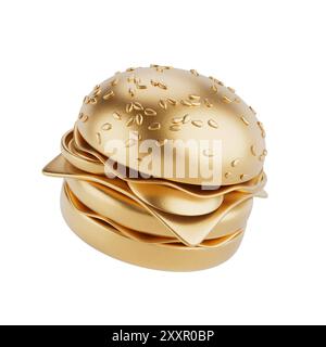 Golden Cartoon Premium Delicious Burger Symbol auf weißem Hintergrund. 3D-Rendering Stockfoto