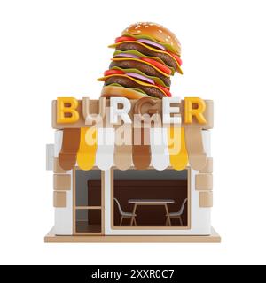 Cartoon Burger Shop Fast Food Building Symbol auf weißem Hintergrund. 3D-Rendering Stockfoto