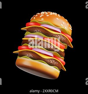 Cartoon Premium Delicious Big Burger auf schwarzem Hintergrund. 3D-Rendering Stockfoto