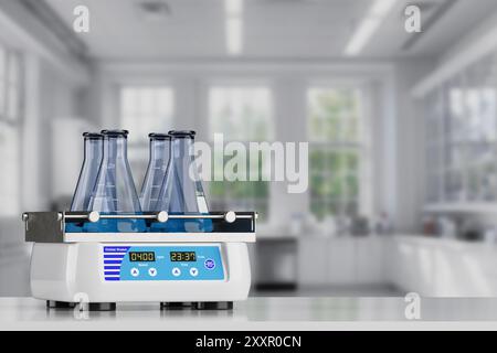 Gerätekonzept Für Die Laborforschung. Weißer Orbital-Laborschüttler mit mit Flüssigkeit gefüllten Kolben auf einem weißen Schreibtisch. 3D-Rendering Stockfoto