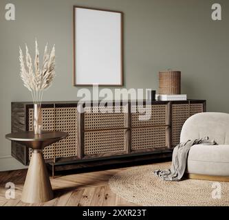 Rahmenmodell im Innenraum, ISO A Papiergröße., gemütliches Zimmer mit Naturholzmöbeln, Scandi-Boho-Stil. 3D-Rendering Stockfoto