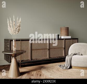 Innenmodell Für Leere Wände. Gemütliches Zimmer mit Naturholzmöbeln im Scandi-Boho-Stil. 3D-Rendering Stockfoto