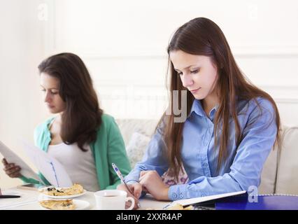 Glücklich Studentinnen gemeinsam zu Hause studieren Stockfoto