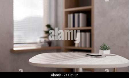 Ein Raum für die Präsentation von Produkten, ein Smartphone, ein Buch und eine dekorative Pflanze auf einem Marmortisch in einem modernen Loft-Raum. 3D-Rendering, 3D-Abbildung Stockfoto