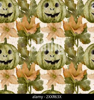 Dieses bezaubernde nahtlose Aquarellmuster mit lächelnden Kürbissen und bunten Blättern sorgt für Halloween-Dekor, zum Bedrucken auf Stoff und Papier. Stockfoto
