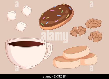 Kaffee und Süßigkeiten auf Hintergrund. Zeitgenössische Vektor-Karikaturillustration der Espresso-Tasse, Schokoladen-Donut, Käsekuchen und Nüsse, Zuckerstücke, süßes Frühstück, Symbole im Menü „Süßwaren“ Stock Vektor