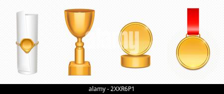Auszeichnungen für Gold- und Achievement-Awards. 3D realistisches Vektorset aus goldener Trophäe und Erfolgspreis - Diplom oder Zertifikat mit Siegelstempel, Champion Cup und Kelch, erste Medaille auf rotem Band. Stock Vektor