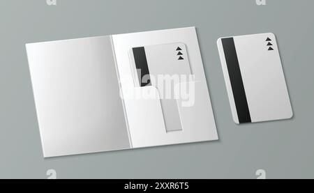 Bankkarten-Mockups werden isoliert im Hintergrund festgelegt. Vektor-realistische Illustration der leeren Plastikkreditkarte mit Magnetstreifen im Papierumschlag, Einkaufsrabatt-Symbol, Online-Zahlung, Cashback-Symbol Stock Vektor
