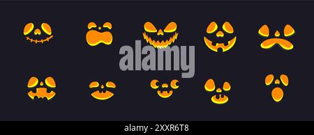 Lustige Gesichter für Halloween Kürbis Schnitzerei Objekte flache Farbe Vektor Symbol Set. Niedliche Monster Grimaces Illustrationspaket auf schwarzem Hintergrund Stock Vektor