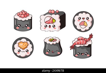 Kindliche Kawaii Sushi-Rollen mit leckeren füllenden flachen Farbvektor-Illustration Set. Japanische Delikatesse. Asiatische Gerichte behandeln Charaktere auf der weißen Kollektion Stock Vektor