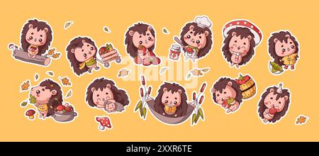 Kawaii Igel lebhafte Aktivitäten flache farbige Vektor-Illustrationen. Symbol-Set mit wilden Tieren in unterhaltsamen Situationen auf gelbem Hintergrund Stock Vektor