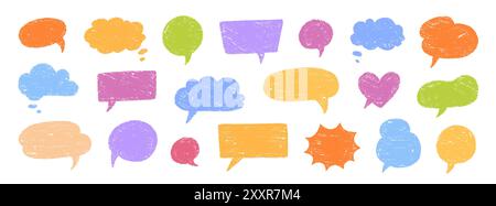 Buntstift-Talk-Sprechballon-Rahmen-Kritzelvektor. Handgezeichneter Buntstift-Doodle-Sprechwolke-Luftblasen-Set. Kreide Textur Skizziertext Talk Wolke Ballon Frame Hintergrund. Vektorabbildung. Stock Vektor
