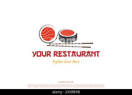 Japanisches Sushi mit Essstäbchen für orientalische Meeresfrüchte Logo Design Vektor Stock Vektor